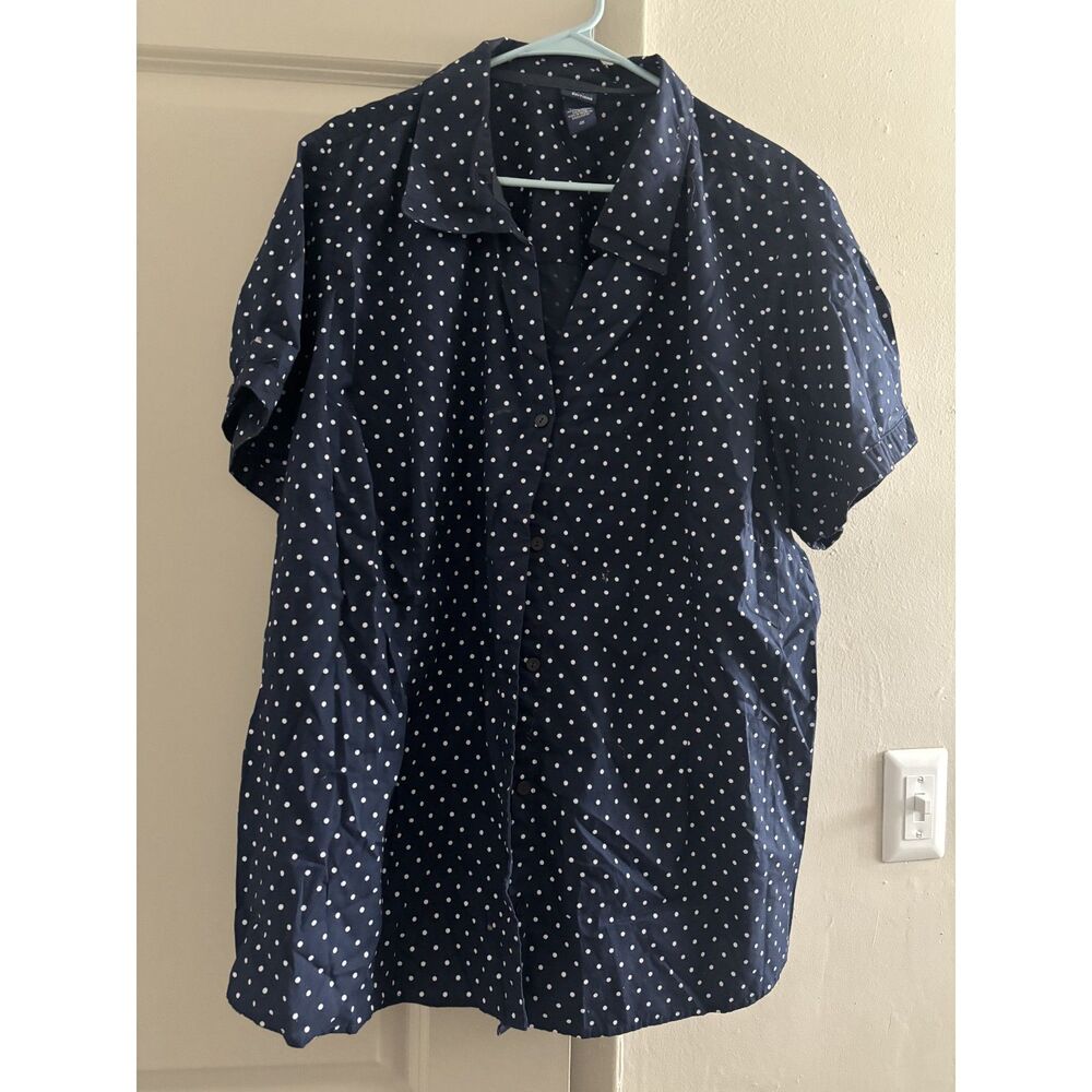 Basic Editions Navy Blue White Polka Dot Button Down Shirt Plus Size 4X